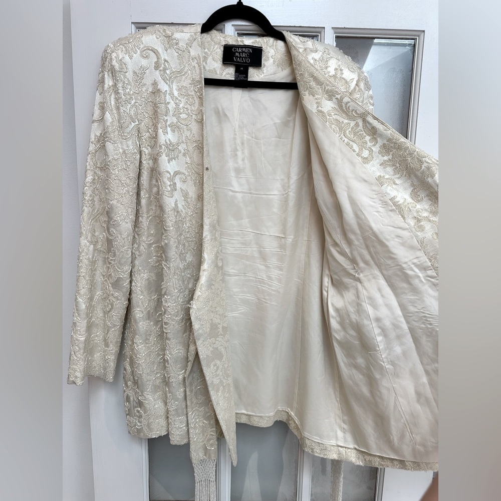 Vintage Carmen Marc Valvo Ivory Cream Lace Sequin Beaded Formal Jacket Size 14 L - Picture 4 of 16